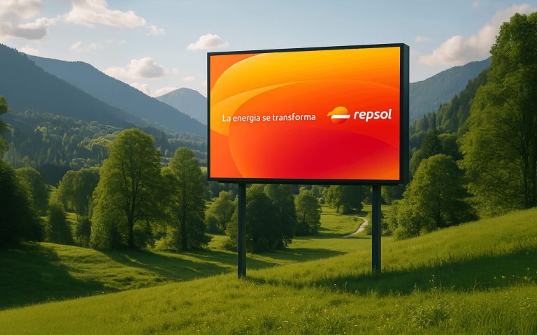 Cartel publicitario de Repsol con el eslogan 'La energía se transforma', sobre un fondo naranja y rojo, ubicado en un paisaje natural con colinas verdes y montañas al fondo.
