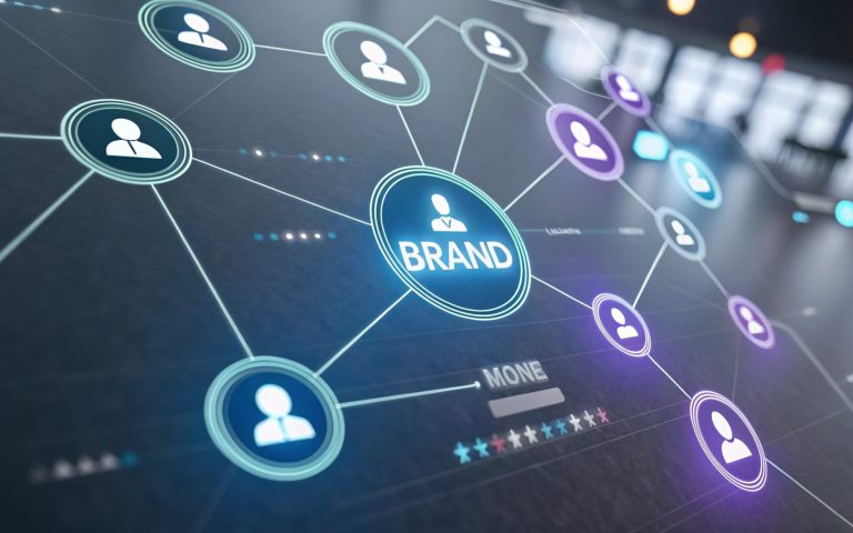 Interfaz digital mostrando una red de usuarios conectados a una marca central, representando el concepto de post branding.