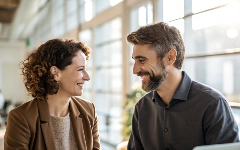 Hombre y mujer sonriendo durante una conversación profesional, reflejando la cercanía y confianza que transmite una marca humana.
