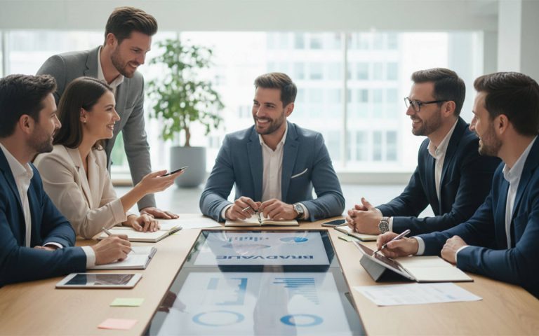 Equipo de profesionales reunido en una sala de juntas moderna, conversando sobre estrategias empresariales relacionadas con los valores de marca y la lealtad del cliente.