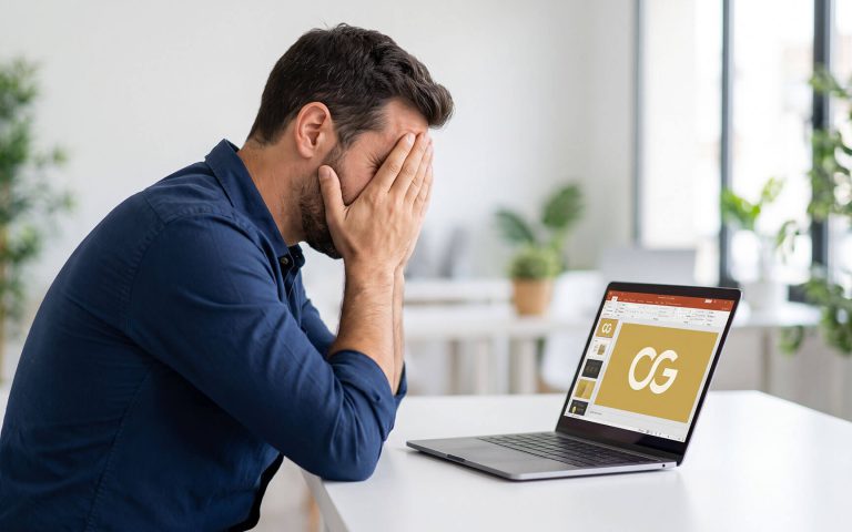 Un emprendedor preocupado con la cara tapada frente a su laptop, ilustrando qué significa que una startup no transmite confianza a los inversores.