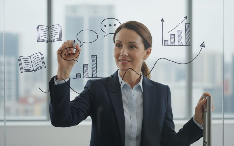 Mujer profesional dibujando gráficos, libros y burbujas de diálogo en un panel de cristal, representando el uso del storytelling en estrategias de branding empresarial.
