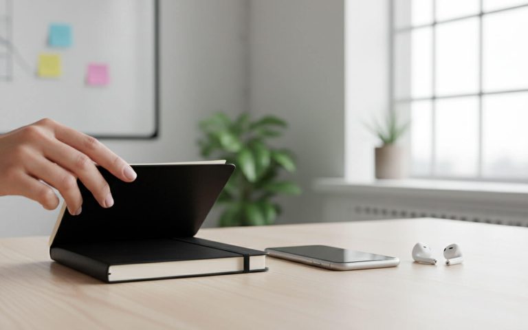 Mano abriendo una libreta Moleskine sobre un escritorio con un smartphone y auriculares inalámbricos, en un ambiente moderno de oficina.