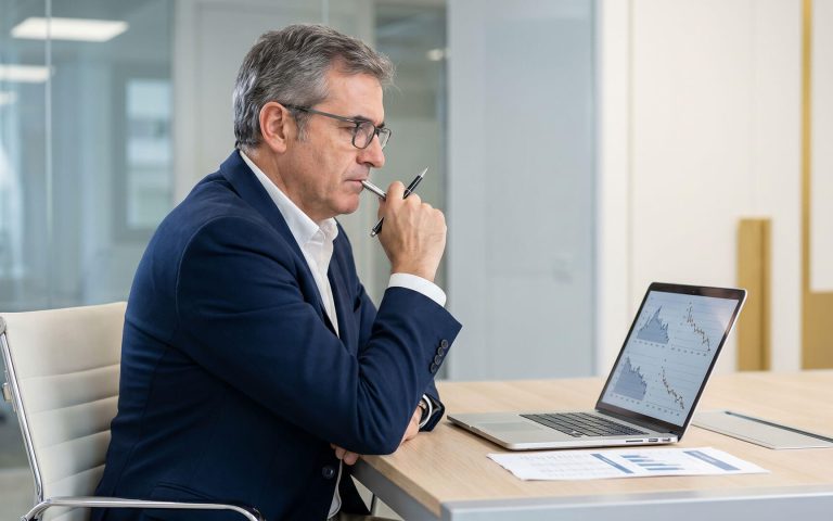 Empresario preocupado analizando gráficos de pérdidas en su laptop, planteando si vale la pena invertir en marca cuando la empresa está en un momento difícil.