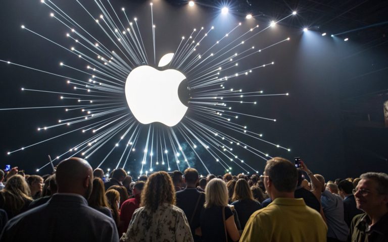 Multitud reunida frente a una gran pantalla con el logotipo de Apple iluminado, simbolizando el impacto y valor de la marca Apple en eventos tecnológicos.
