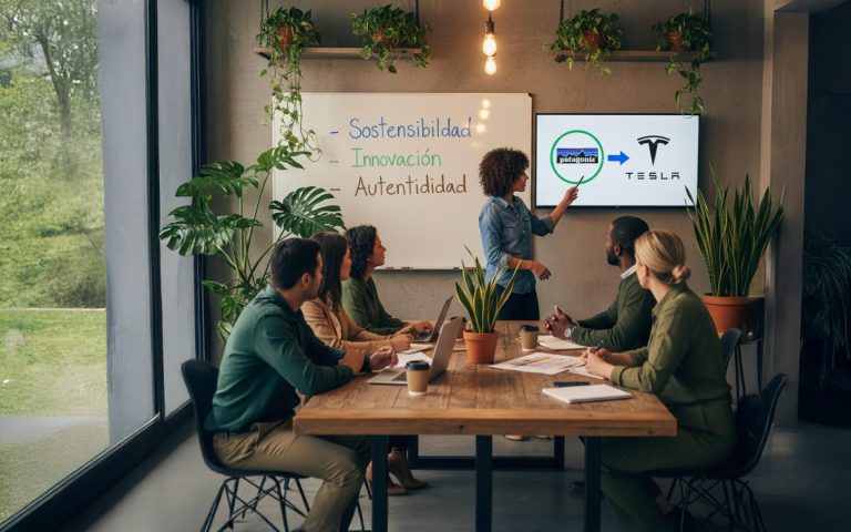 Equipo de trabajo en una sala de reuniones observando una presentación sobre valores de marca con ejemplos de Patagonia y Tesla.