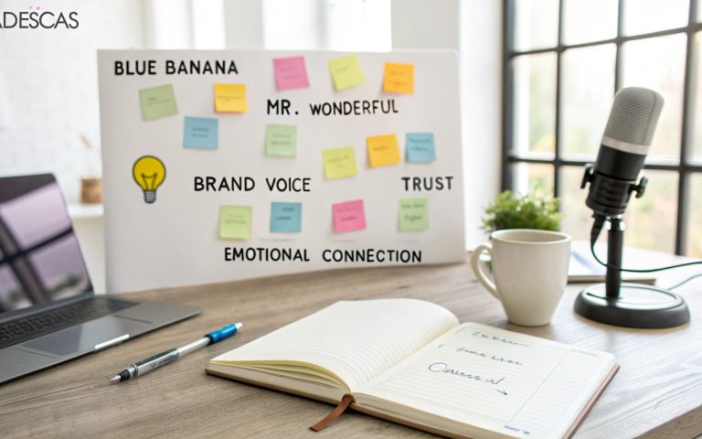 Mesa de trabajo con portátil, micrófono y pizarra con notas adhesivas sobre voz de marca, confianza y conexión emocional.