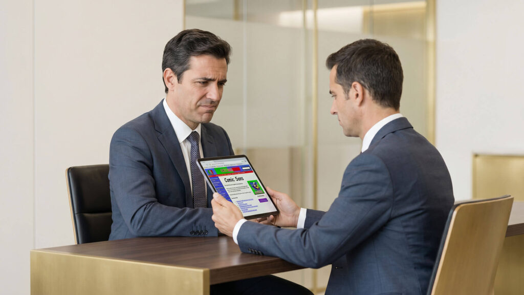Empresario con gesto de desagrado al mirar un diseño web obsoleto en una tablet, ejemplo de por qué mi empresa tecnológica no transmite confianza.