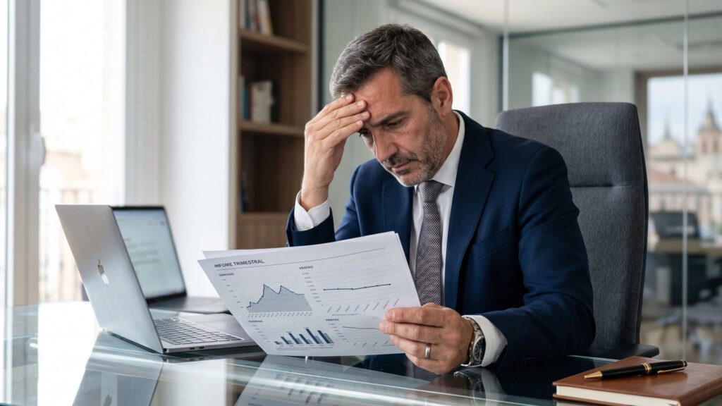 Ejecutivo frustrado en su oficina revisando informes financieros a la baja, ilustrando el dilema de por qué mi marca no funciona aunque he invertido en diseño y comunicación.