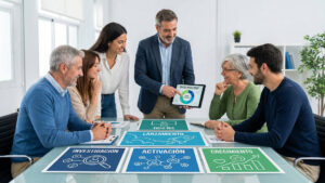 Un equipo profesional analiza las fases de gestión del cambio branding en una mesa de trabajo con paneles que indican: Investigación, Diseño, Lanzamiento, Activación y Crecimiento, mientras un consultor muestra un gráfico de "Brand Engagement" en una tablet.