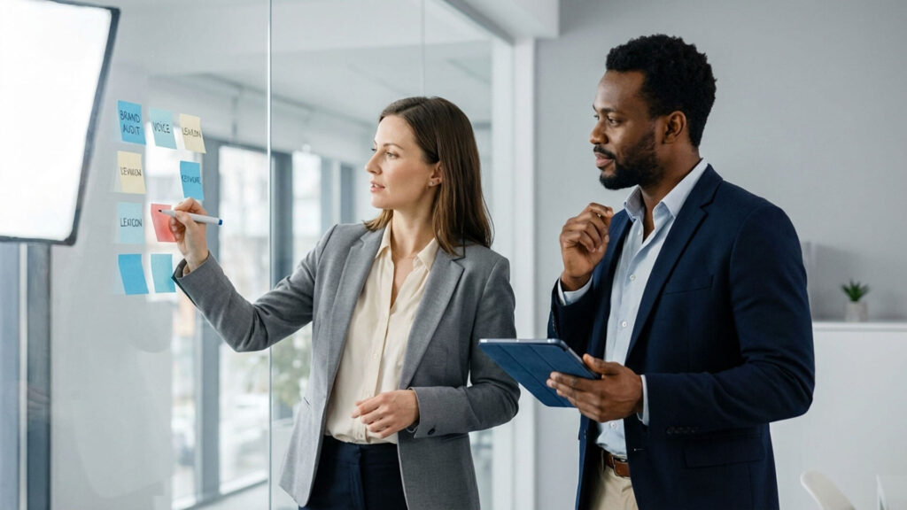Dos profesionales en una oficina moderna analizando una estrategia de comunicación de marca. Una mujer escribe conceptos como voz y tono en notas adhesivas sobre una pared de cristal mientras un hombre con una tablet observa atentamente.