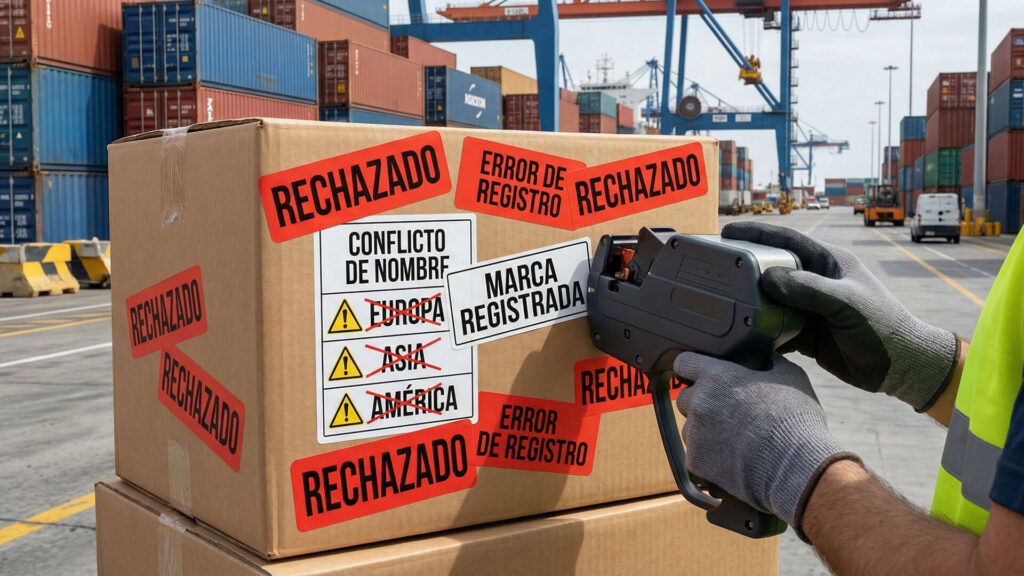 Primer plano de una caja de mercancías en un puerto con múltiples etiquetas de "Rechazado" y "Conflicto de nombre", ilustrando los riesgos legales y de registro de un naming mal ejecutado en mercados internacionales.