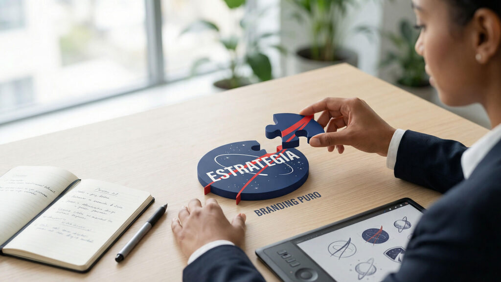 Una persona con traje en un escritorio une la pieza final de un rompecabezas circular impreso en 3D que dice "ESTRATEGIA", con los colores y la tipografía inspirados en el logotipo de la NASA. El rompecabezas está sobre el texto "BRANDING PURO", flanqueado por un cuaderno de bocetos y una tableta gráfica que muestra varios conceptos de diseño de logotipos. La escena ilustra la conexión esencial entre el diseño de la identidad y la planificación estratégica de la marca.