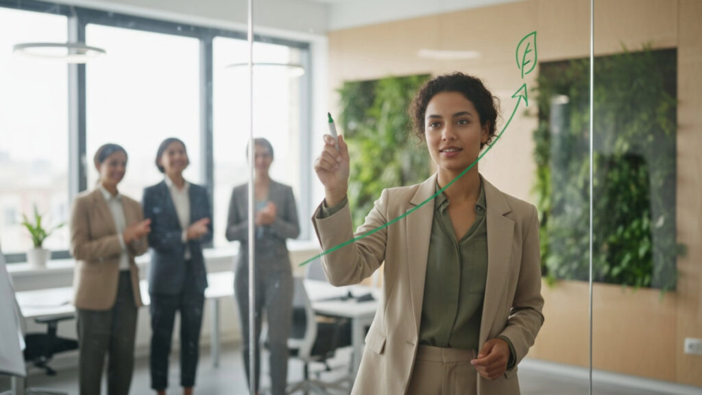 Mujer profesional dibujando en una pizarra de cristal una gráfica de crecimiento ascendente que termina en una hoja verde, con su equipo aplaudiendo al fondo, simbolizando el éxito estratégico de las marcas sostenibles.