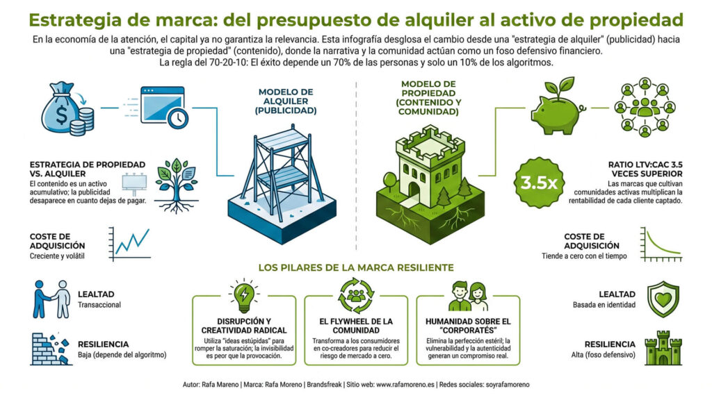 Infografía que compara una estrategia de marca basada en publicidad (alquiler) frente a una basada en contenido y comunidad (propiedad), explicando cómo construir una marca resiliente sin depender de presupuesto publicitario.