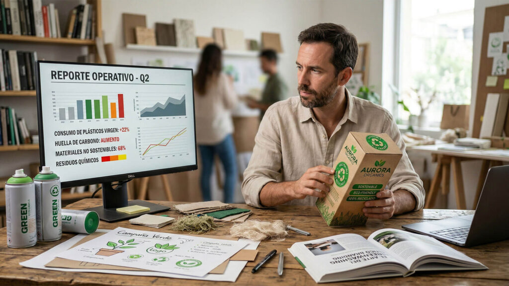 Un profesional analiza un reporte operativo con datos de huella de carbono mientras sostiene un envase de cartón reciclado, rodeado de materiales ecológicos y bocetos de una campaña verde.