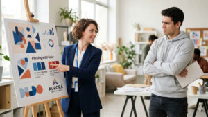 Una consultora de branding muestra un panel sobre psicología del color y estrategia para definir qué valores de marca existen ante un cliente en una oficina moderna.