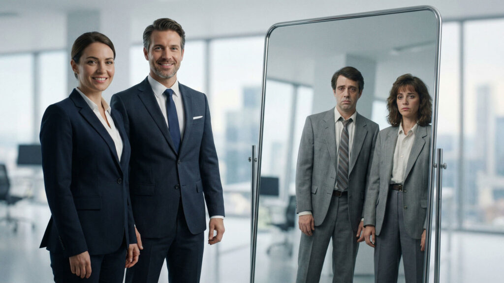 Dos profesionales con vestimenta moderna y actitud segura parados junto a un espejo que refleja sus versiones antiguas con aspecto cansado y trajes anticuados, simbolizando la renovación mediante estrategias de reposicionamiento de marca.