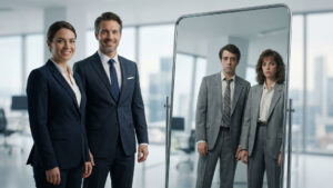 Dos profesionales con vestimenta moderna y actitud segura parados junto a un espejo que refleja sus versiones antiguas con aspecto cansado y trajes anticuados, simbolizando la renovación mediante estrategias de reposicionamiento de marca.