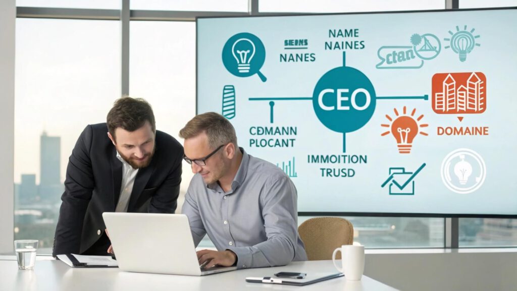 Dos empresarios trabajando en la computadora frente a un panel con ideas y conceptos, ilustrando el uso estratégico de un generador de nombres de empresa.