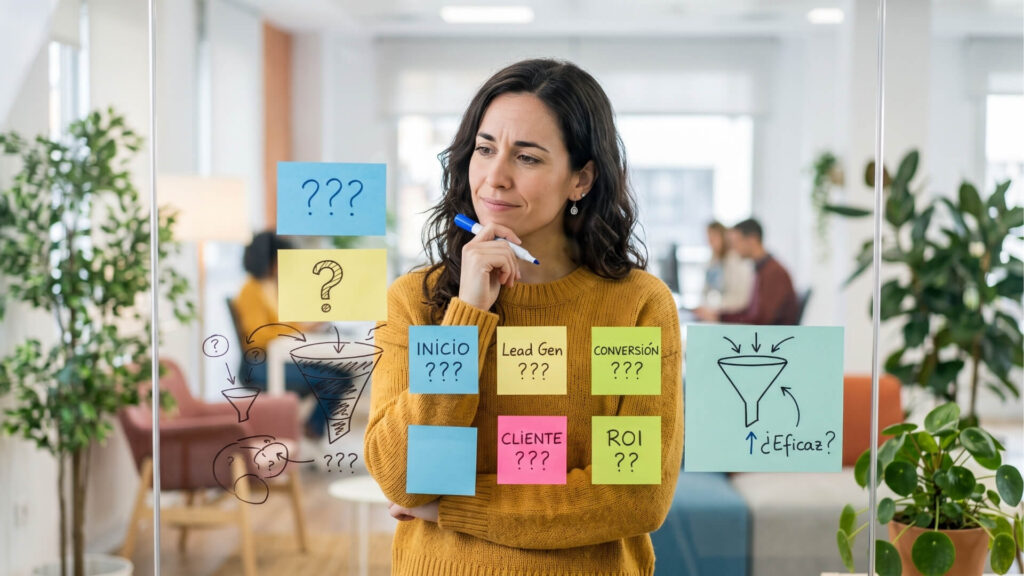 Estratega de marketing planificando un embudo de conversión para generar demanda B2B sin publicidad mediante un esquema en cristal.
