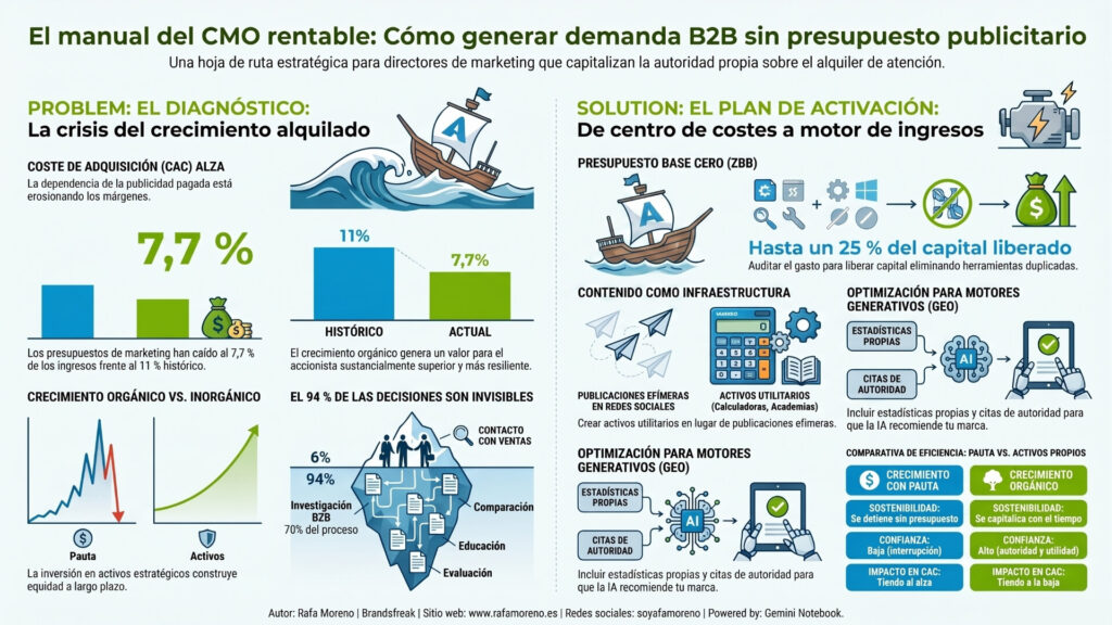Infografía con la hoja de ruta estratégica para generar demanda B2B sin publicidad y optimizar el presupuesto del CMO.