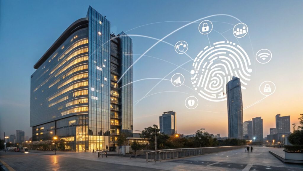 Rascacielos con íconos de huella digital y conectividad que simbolizan la identidad digital y la gestión de marca corporativa.