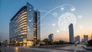 Rascacielos con íconos de huella digital y conectividad que simbolizan la identidad digital y la gestión de marca corporativa.