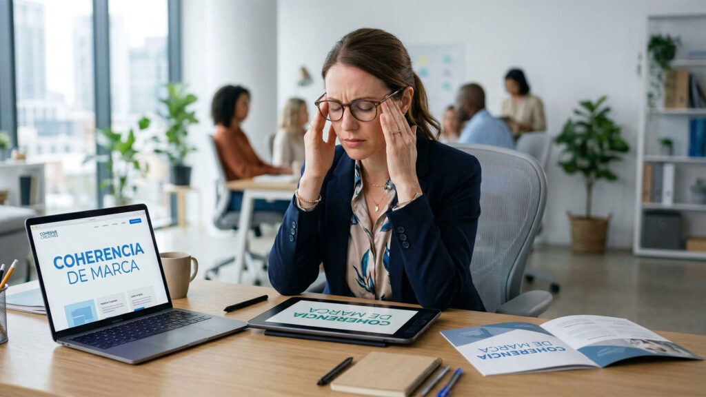 Una profesional en una oficina moderna muestra signos de fatiga mientras trabaja en la estrategia de branding empresarial, con dispositivos y folletos que muestran el texto "Coherencia de Marca".