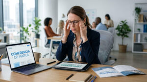 Una profesional en una oficina moderna muestra signos de fatiga mientras trabaja en la estrategia de branding empresarial, con dispositivos y folletos que muestran el texto "Coherencia de Marca".