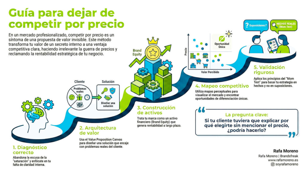 Infografía que detalla una guía de 5 pasos para dejar de competir por precio y corregir una propuesta de valor invisible: diagnóstico, arquitectura de valor, construcción de activos, mapeo competitivo y validación.