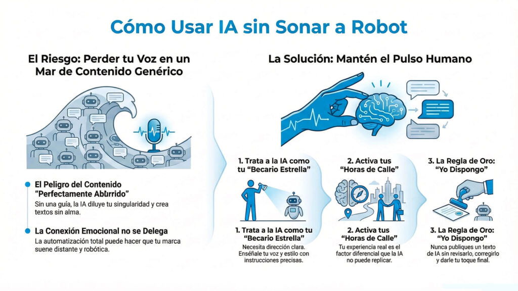 Infografía que explica cómo las marcas pueden usar inteligencia artificial en branding sin perder su voz humana, mostrando los riesgos del contenido genérico y soluciones para mantener la autenticidad y conexión emocional.