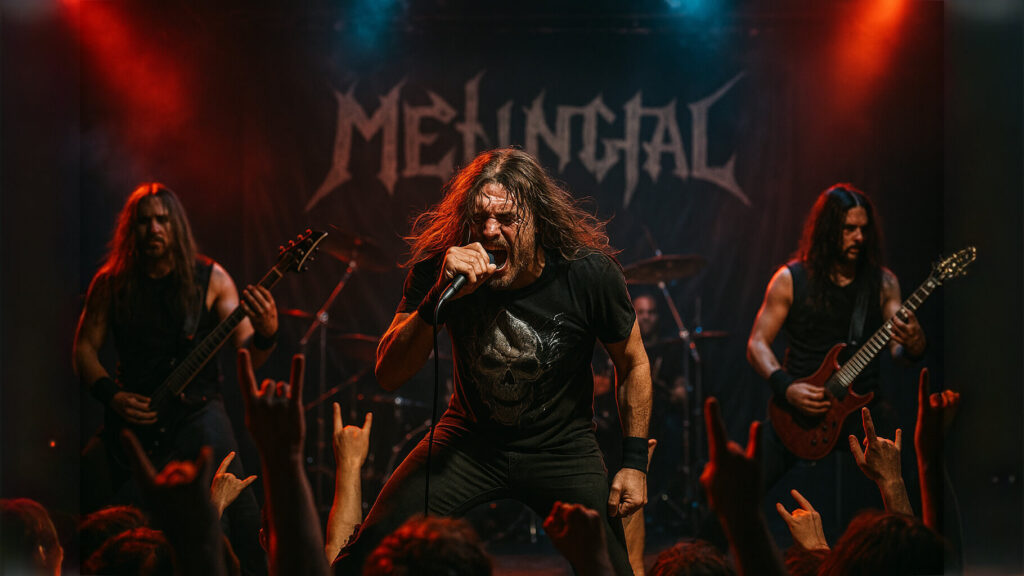 Banda de heavy metal tocando en directo: vocalista al frente gritando en el micrófono, guitarristas a ambos lados bajo luces rojas y azules y el público haciendo el gesto de cuernos del diablo.