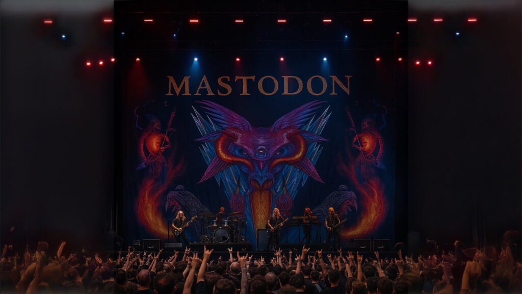 Escenario de un concierto de heavy metal con la palabra ‘Mastodon’ iluminada sobre un fondo alusivo al género, mientras la banda toca ante un público entregado haciendo el gesto ‘cuernos’, destacando la identidad de la heavy metal brand.