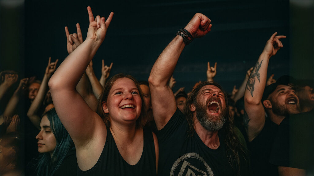 Multitud entregada en un concierto de heavy metal, con fanáticos levantando el gesto de los cuernos y vitoreando, ejemplificando la pasión de la heavy metal brand.