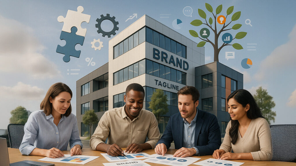 Equipo de diseño colaborando en una mesa frente a un edificio con la palabra 'Brand', rodeado de íconos de comunicación y estrategia, representando un ejemplo de imagen corporativa en construcción.