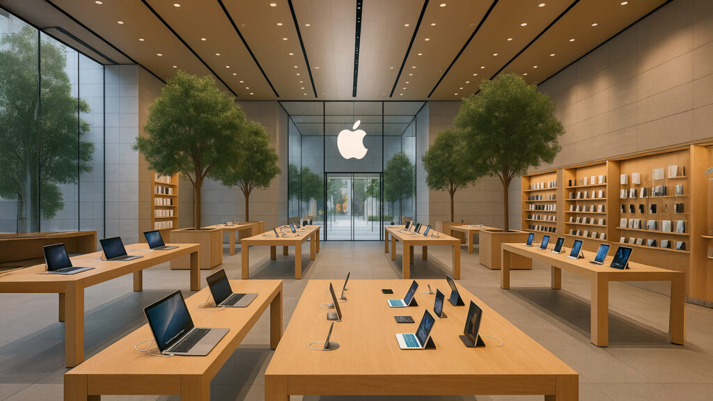 Vista interior de una tienda Apple con diseño minimalista, mesas de madera, árboles decorativos y productos expuestos, ilustrando un ejemplo claro de imagen corporativa coherente y reconocible