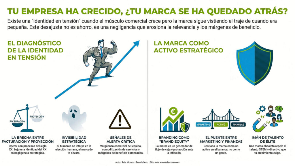 Infografía titulada "¿Tu marca se ha quedado atrás?" que aborda la identidad en tensión y explica la marca como activo estratégico, destacando la brecha entre facturación y proyección, la invisibilidad estratégica, el brand equity y la atracción de talento.