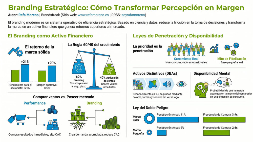 Infografía detallada sobre branding estratégico que explica conceptos como el retorno de inversión, la regla 60/40 de crecimiento, activos distintivos y la ley del doble peligro para empresas.