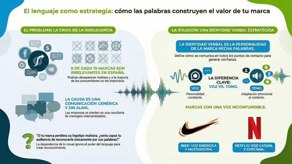 Infografía titulada "El lenguaje como estrategia" que explica cómo la comunicación de marca construye valor. Compara el problema de la irrelevancia por mensajes genéricos con la solución de crear una identidad verbal estratégica (voz y tono), mostrando ejemplos de marcas como Nike y Netflix.