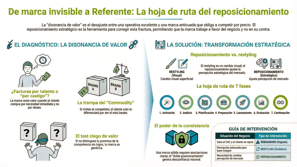 Infografía titulada De marca invisible a Referente, que detalla estrategias de reposicionamiento de marca, incluyendo el diagnóstico de disonancia de valor, las diferencias con el restyling y una hoja de ruta de 7 fases para la transformación estratégica.