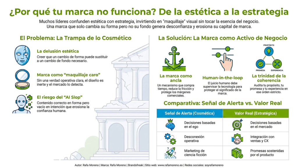 Infografía sobre marca y estrategia que analiza el problema cosmético frente al valor real, explicando por qué mi marca no funciona aunque he invertido en diseño y comunicación.