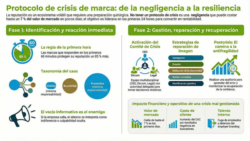 Infografía detallada sobre un manual de crisis en comunicación que divide el proceso en dos fases: identificación y reacción inmediata (regla de los 60 minutos) y gestión, reparación y recuperación mediante un comité de crisis multidisciplinar.