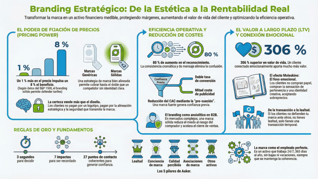 Infografía detallada sobre Branding Estratégico: Métricas de Pricing Power, LTV y eficiencia operativa como solución al branding sin objetivo.