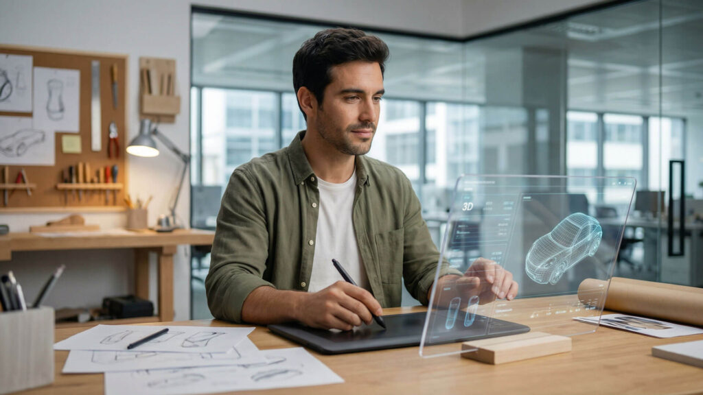 Un profesional utiliza una tableta gráfica y una pantalla de cristal transparente con un modelo 3D de un coche, representando la aplicación de la transformación digital en empresas de diseño y tecnología.