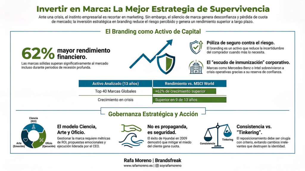 Infografía financiera que explica por qué vale la pena invertir en marca cuando la empresa está en un momento difícil como estrategia de supervivencia.