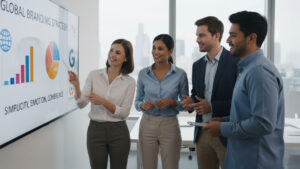 Equipo de profesionales colaborando en oficina moderna durante una presentación sobre lecciones de branding de marcas globales enfocada en simplicidad, emoción y coherencia.