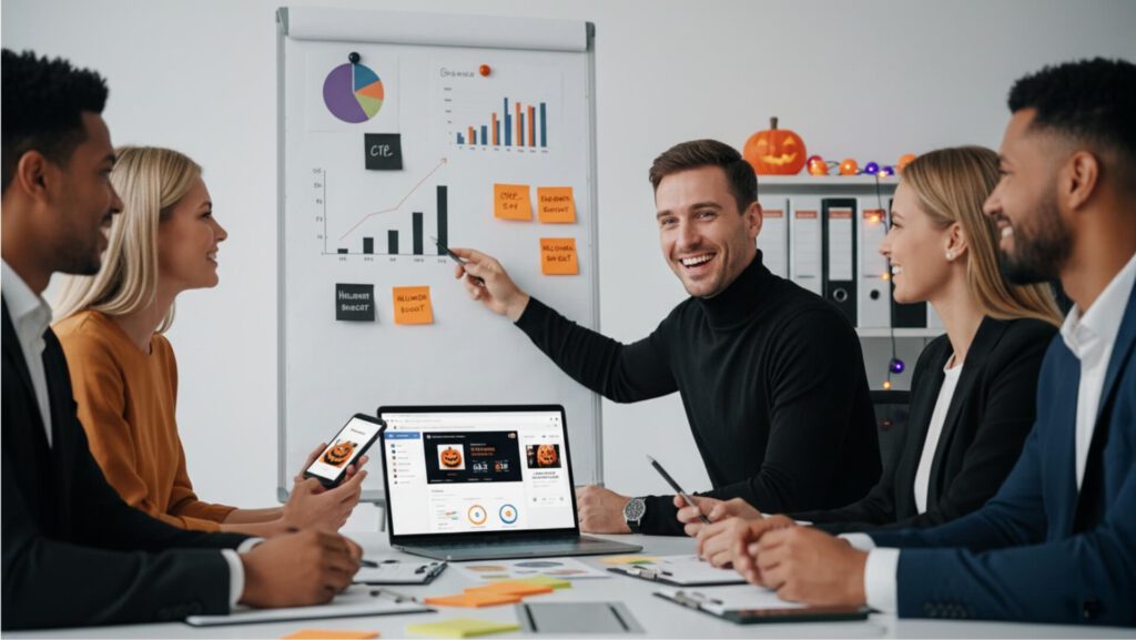 Equipo de marketing en reunión analizando gráficos y resultados de una campaña de Halloween, con decoración temática sutil en la oficina, simbolizando lecciones de branding para Halloween.