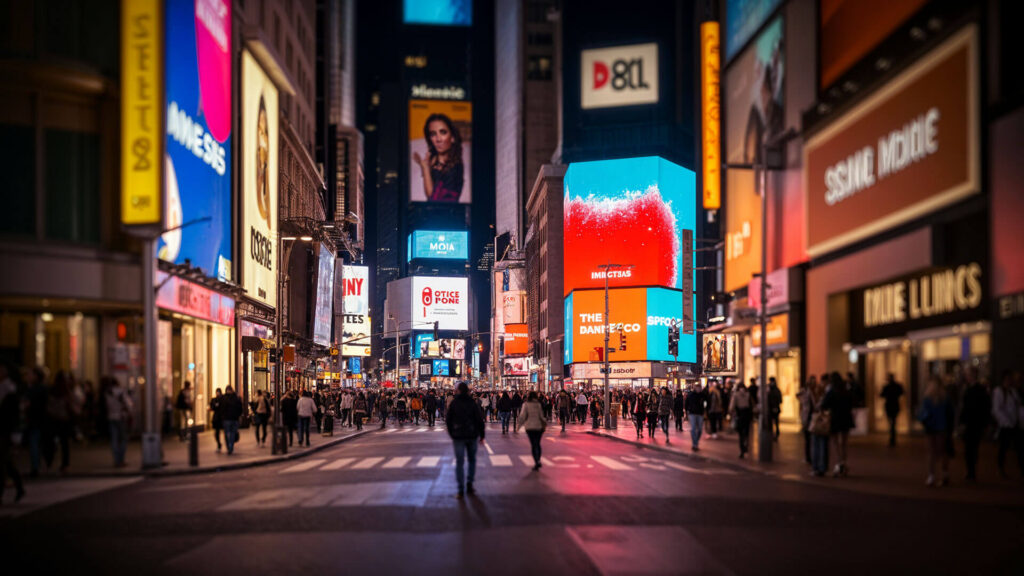 Vista nocturna de una ciudad con pantallas publicitarias iluminadas y gente caminando, destacando el impacto del marketing y la publicidad urbana.