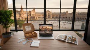 Mesa de trabajo con vistas a la Plaza de España de Sevilla, caja de tortas Inés Rosales y materiales de diseño, simbolizando el branding en Sevilla desde la tradición y la innovación.
